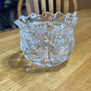 Unmarked, small, clear glass “Santa's pack" candy/nut/mint bowl 4”